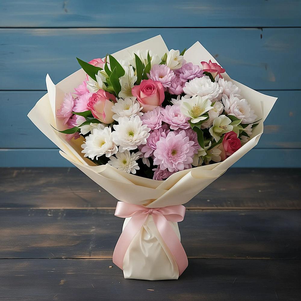 Букет цветов из: Хризантемы, Альстромерии и Розы в Горняке